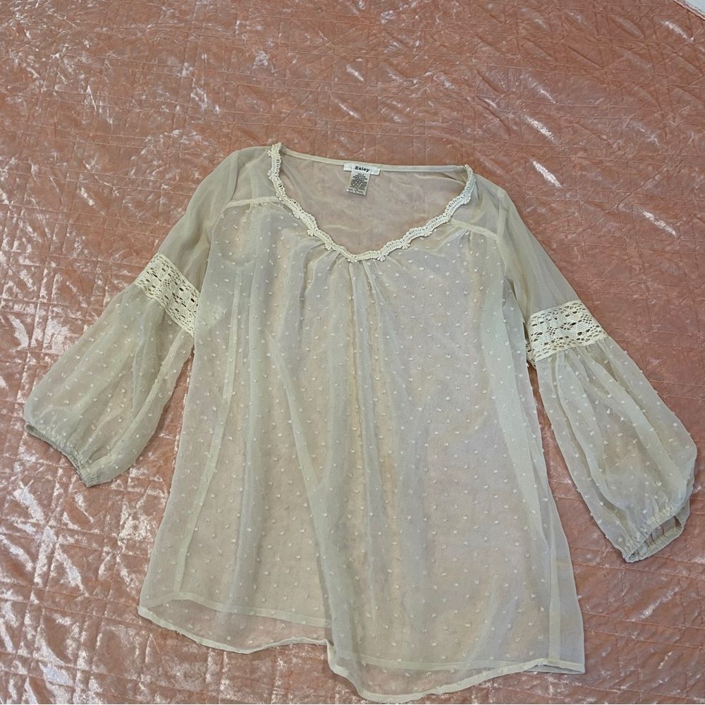 Esley Sheer Lightweight Pindot 1/4 Length Sleeve Festival Boho Blouse Small